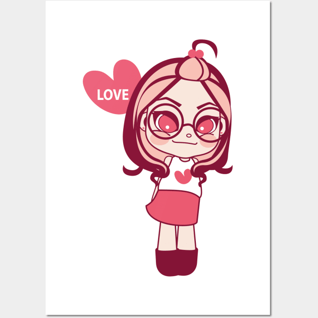 Adorable Girl with Love Heart Cartoon Illustration Wall Art by mumeaw